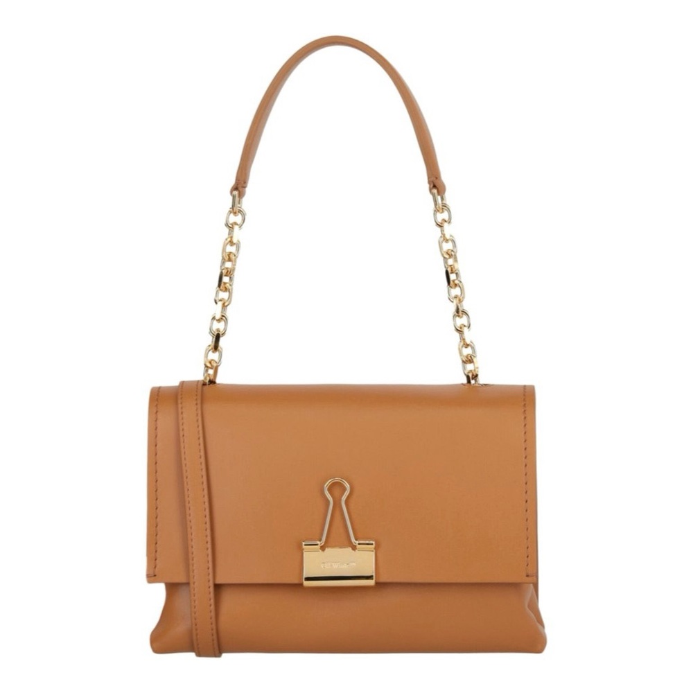 Off-White Tan Leather Top-Handle Shoulder Bag with Gold Hardware